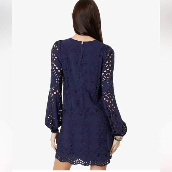 Lilly Pulitzer Women's Alyna Long Sleeve Eyelet Dress In True Navy Soiree Eyelet - Picture 9 of 16